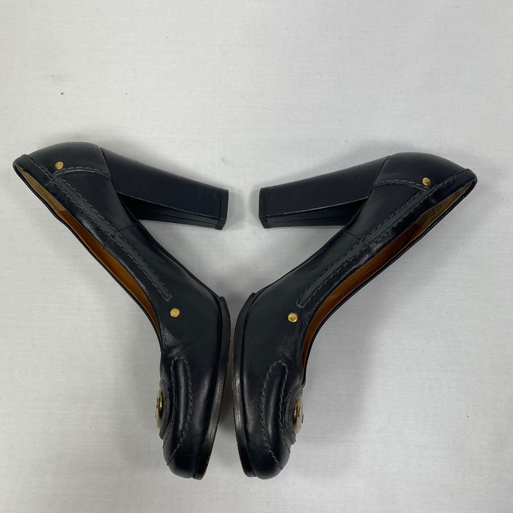 Chloe Front Brass Plate Block Heel Pump Round Toe Blk White Contrast Stitch 37.5 - Picture 15 of 16